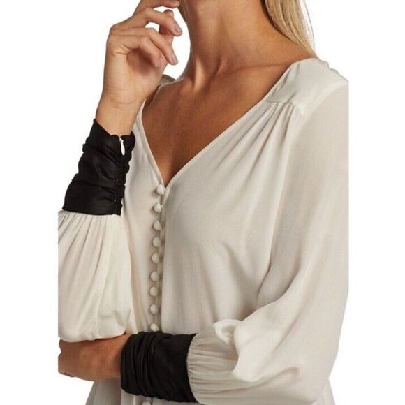 Cinq à Sept Francis Silk Blouse Faux Leathers Cuff Button Front Ivory/Black - Picture 7 of 16